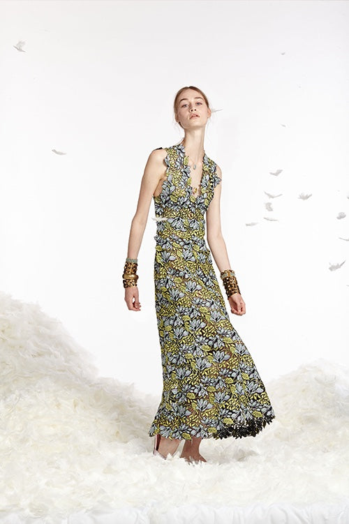 Cynthia Rowley Spring 2017 look 10 featuring a yellowing blue floral lace v-neck maxi dress