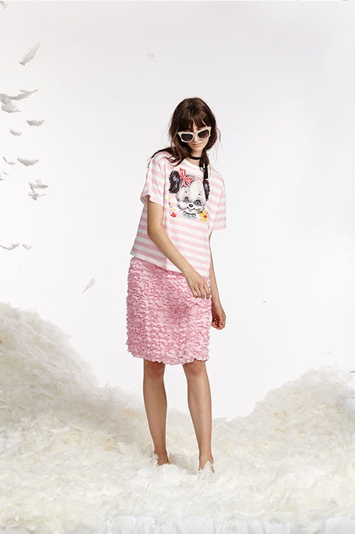 Cynthia Rowley Spring 2017 look 18 featuring a light pink mini ruffle silk georgette knee length skirt and pink striped t-shirt with puppy face