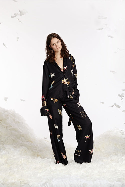 Cynthia Rowley Spring 2017 look 20 featuring a zodiac sign printed silk twill pajama pants and shirt