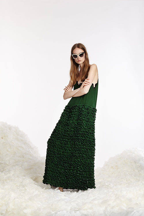 Cynthia Rowley Spring 2017 look 9 featuring a dark green silk georgette maxi slip dress with mini ruffles