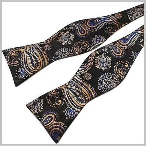 Blue Gold Paisley Silk Self Tie Bow Tie