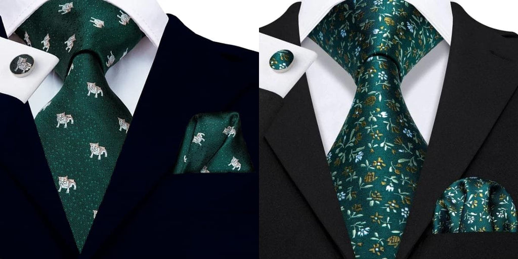 Dark green ties on a blue suit and a black suit