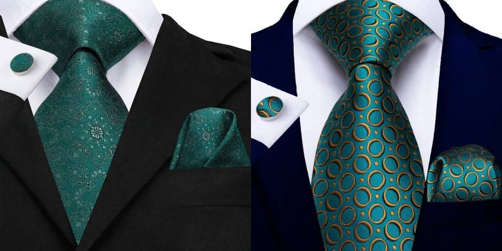 Emerald green ties on a black suit and blue suit