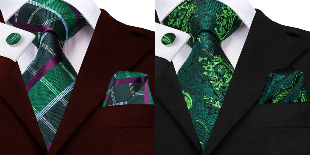 Forest green tie on a red suit and a black suit