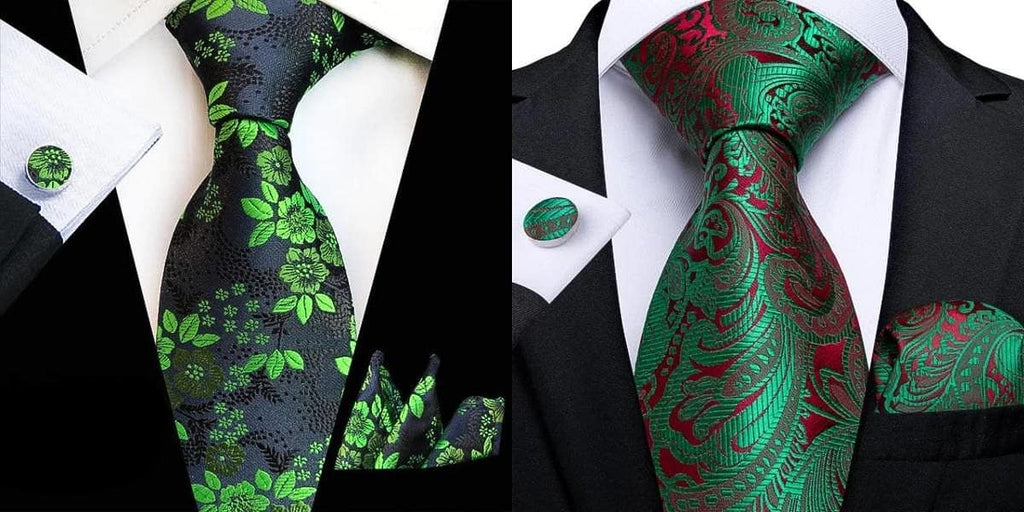 Green floral ties on a black suit