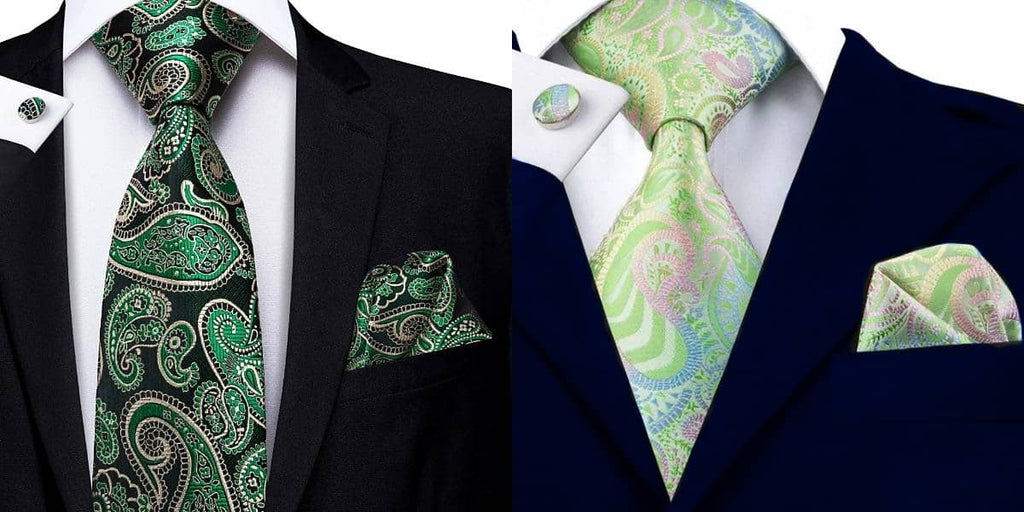 Green paisley tie on a black suit and a blue suit