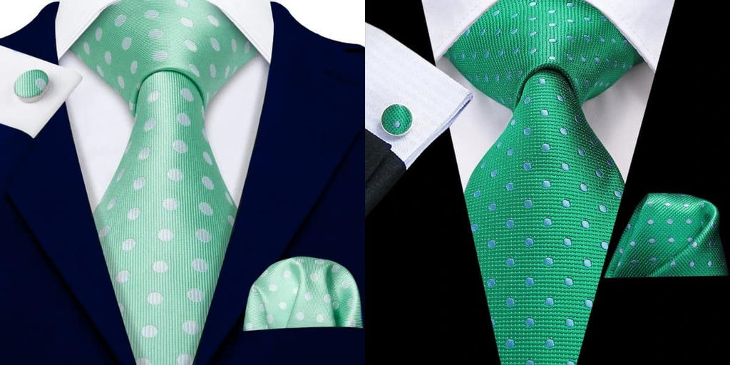 Green polka dot tie on a navy suit and a black suit