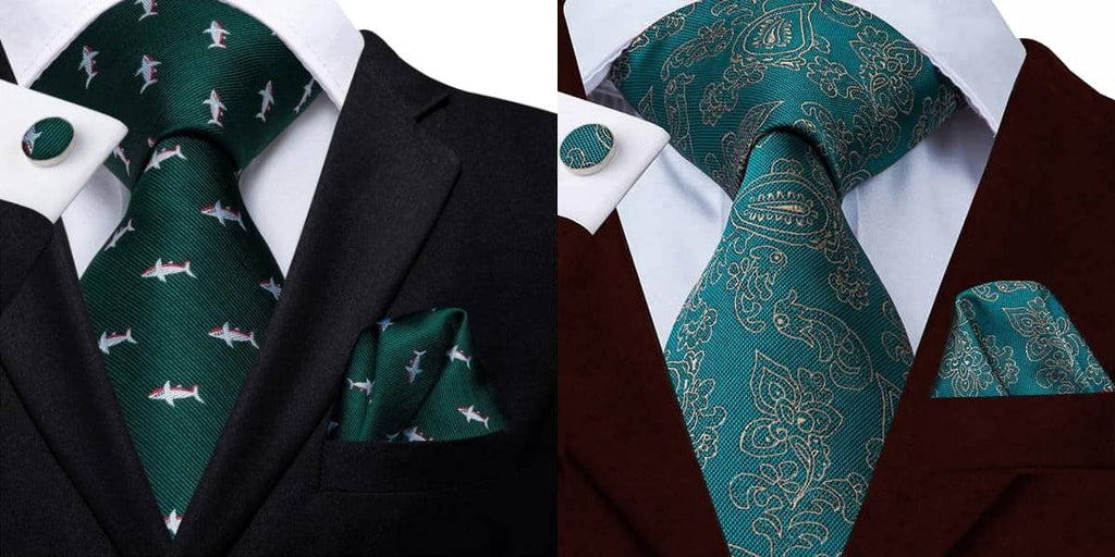 Green silk tie on a black suit and a wine red suit