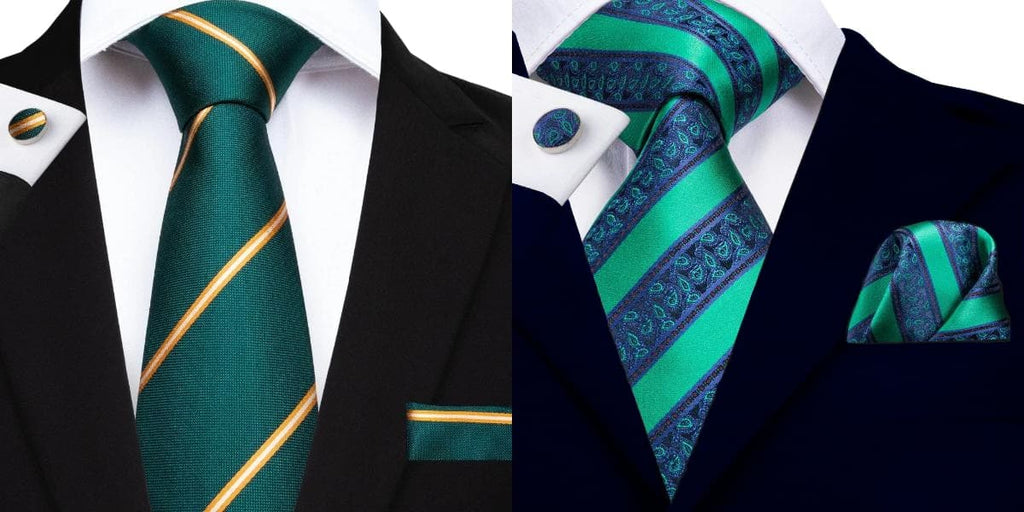 Green striped ties on a black suit and blue suit