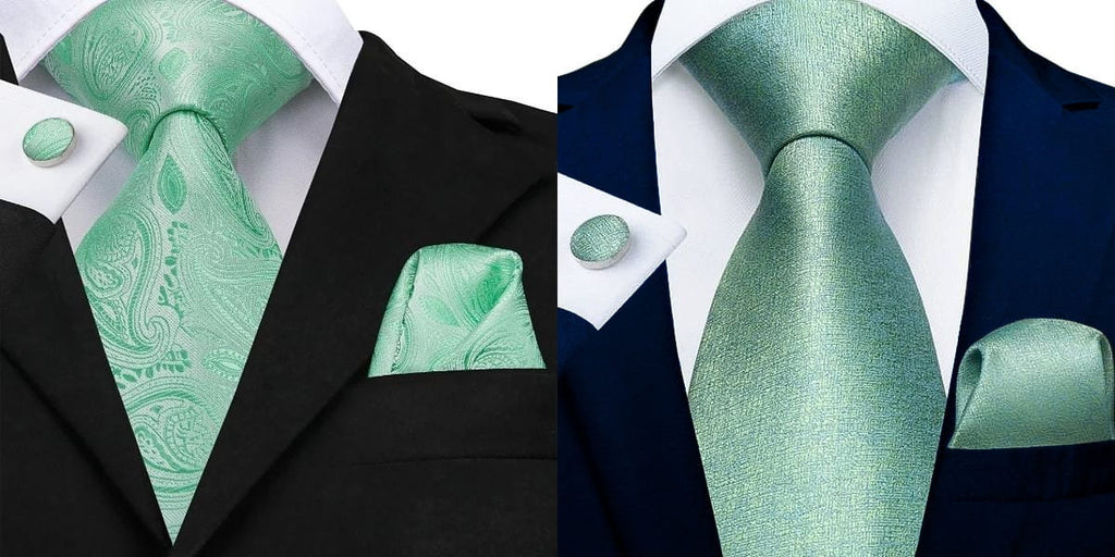 Mint green ties on a black suit and blue suit