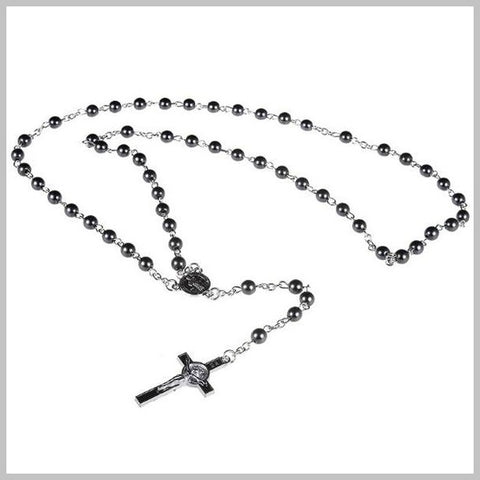 Black rosary necklace with stainless steel cross