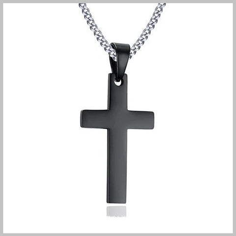 Black small christian cross necklace with a silver chain