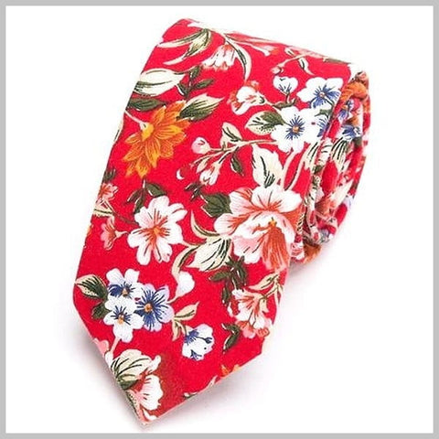 Bright red skinny floral tie made of cotton