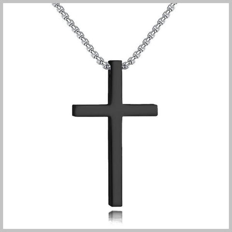 Long black cross necklace with a silver chain