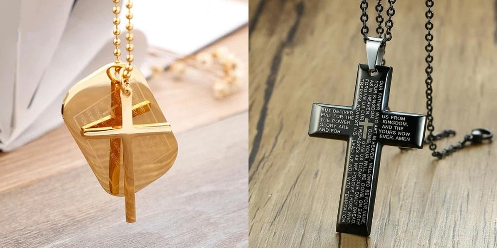 Gold Lord's Prayer necklace and black Lord's Prayer necklace with a chain
