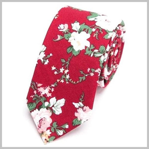 Red floral skinny tie handmade of cotton
