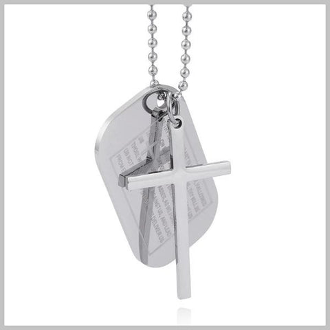 silver cross and plate necklace with the Lord's Prayer on it