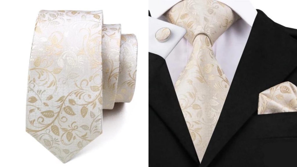 White and gold silk tie for men