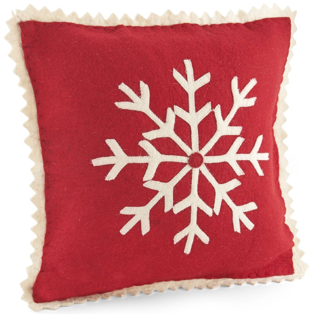 Handmade Christmas Cushion Cover in Hand Felted Wool - Big Snowflake on Red - 20