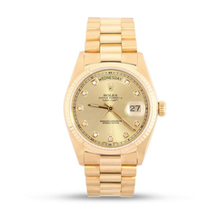 Rolex Watch - Oyster Perpetual Day-Date 18k Yellow Gold President Bracelet with 18K Yellow Gold Fluted Bezel and Custom Champagne Tone Diamond Dial 