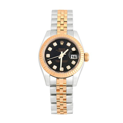 Rolex Watch - Oyster Perpetual Datejust 18k Rose Gold Jubilee Bracelet with 18K Rose Gold Fluted Bezel and Black Tone Diamond Dial