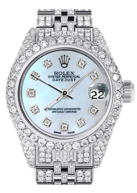 Womens Diamond Stainless Steel Rolex Watch | 26Mm | Light Blue Mother Of Pearl Dial | Jubilee Band