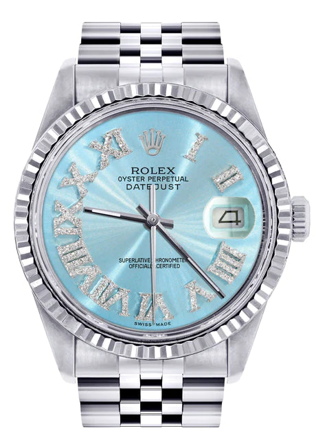 Womens Rolex Datejust Watch 16200 | 36Mm | Aqua Roman Numeral Dial | Fluted Bezel | Jubilee Band