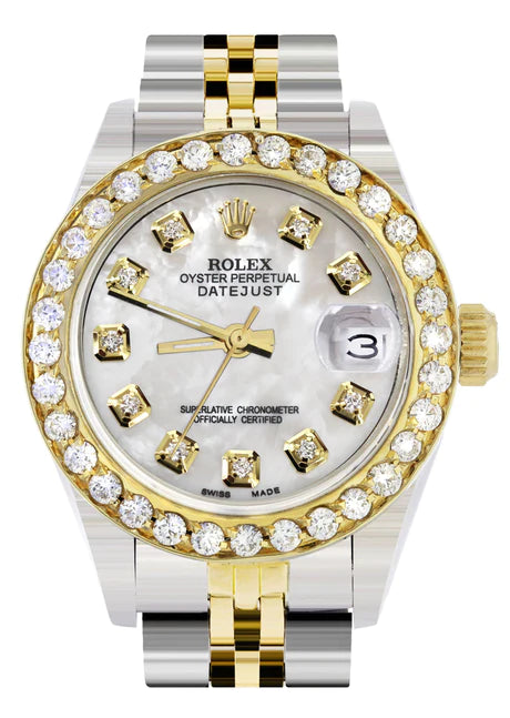 Womens Diamond Gold Rolex Watch | 1 Carat Bezel | 26Mm | Mother of Pearl Dial | Jubilee Band