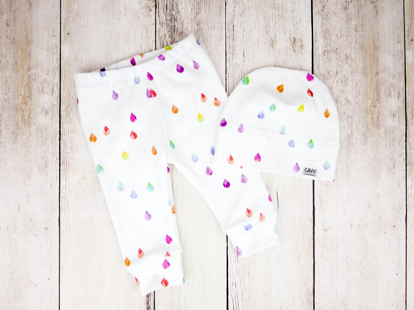 Rain Drops Organic Beanie - Rainbow Prismatic on White - CAVU Creations