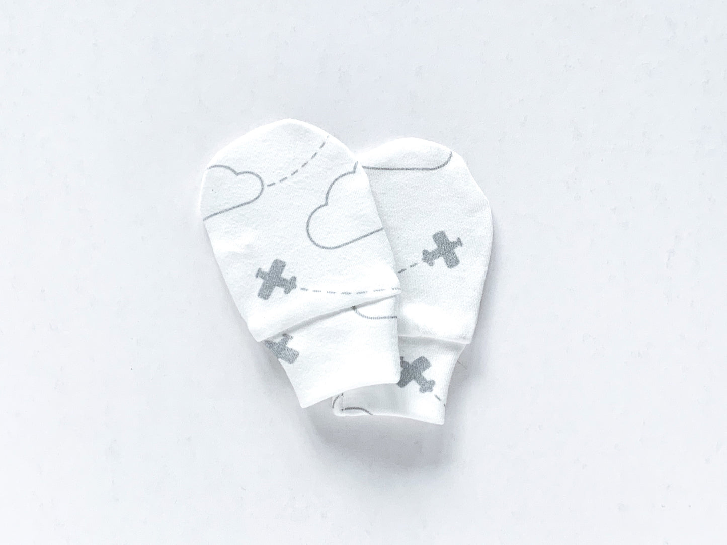 Airplanes in Clouds Organic Newborn Mittens - Gray / White - CAVU Creations