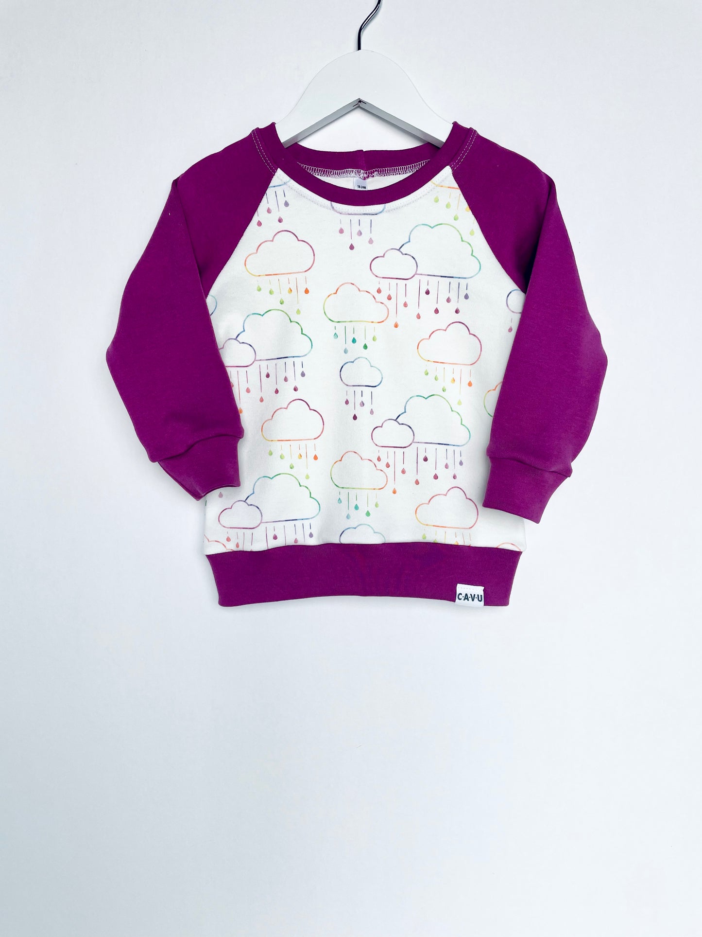 Rainbow Rain Clouds Organic Cotton Pullover - Dark Pink / Rainbow / White