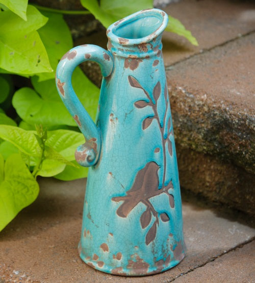 LARGE Turquoise Birds N Branches Stoneware Pitcher