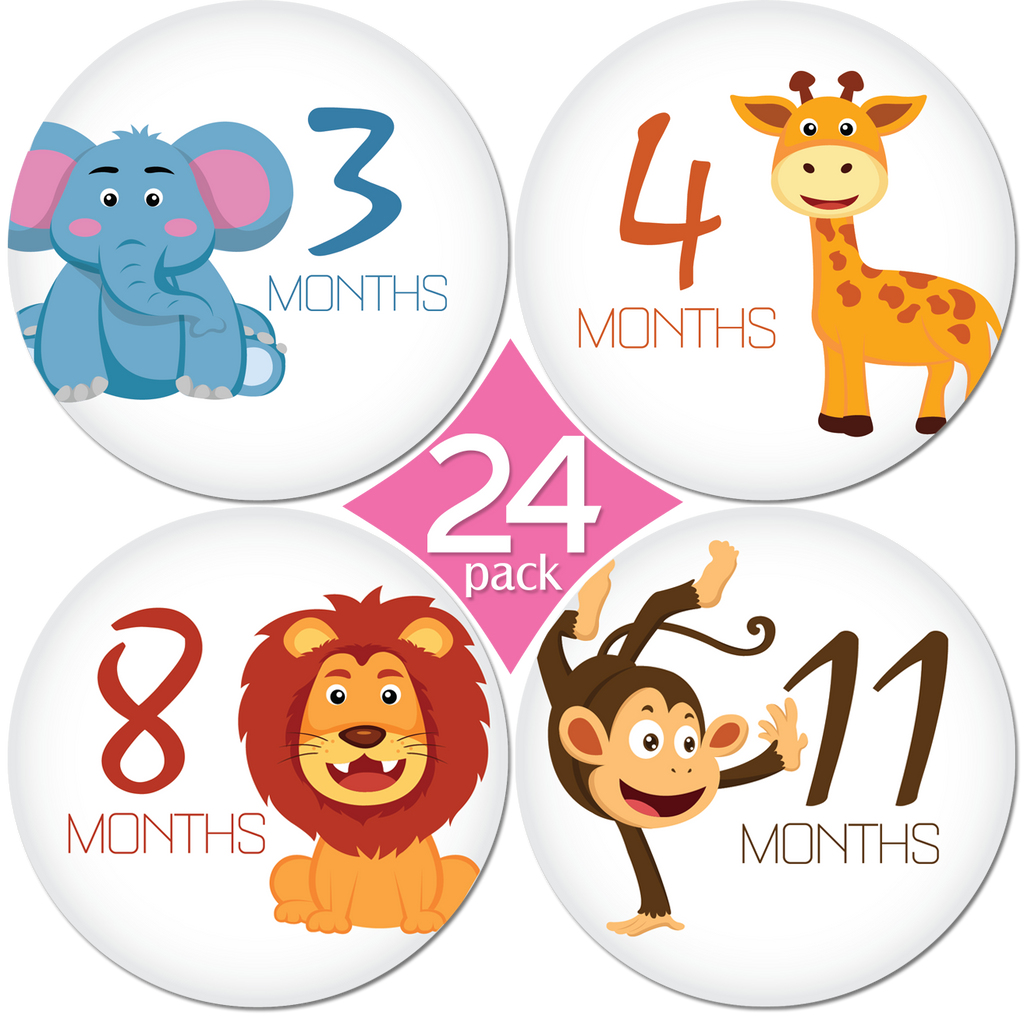Month Sticker for Baby 24 Pack of Premium Baby Monthly Stickers by KiddosArt Milestone Onesie Stickers Boy or Girl 1 Happy Animal Sticker Per Month of Your Babys First Year Growth and Holidays 