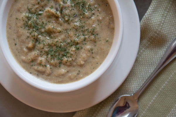 potato leek soup with lemon olive oil (vegetarian)