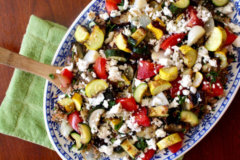 grilled veggies and marinated feta over tabbouleh