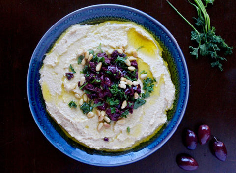 hummus with olives and pine nuts (vegan, gluten free)