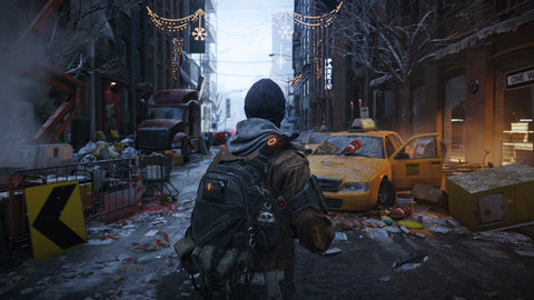 Man in the middle of a destroyed street