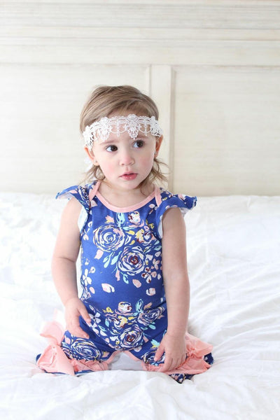 Infant Spring Rose Ruffle Romper- Navy and Coral