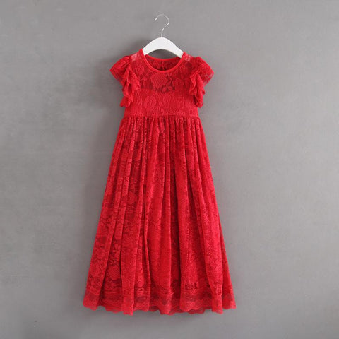 Girls' Sophia- Red Floral Lace Floor Length Christmas Dress