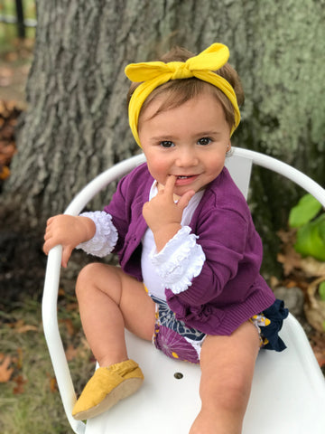 plum pie ruffle bloomer- plum cardigan- purple and mustard floral outfit