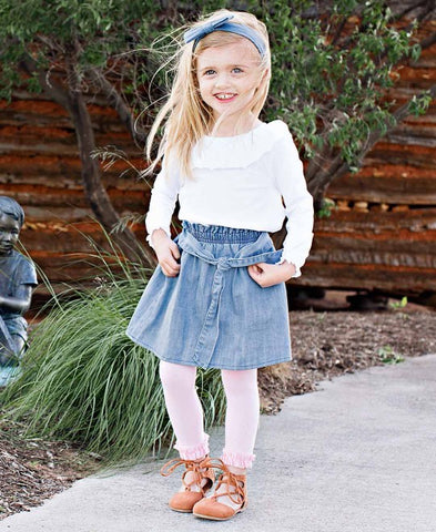 Rufflebutts White Ruffle Long Sleeve Shirt Denim Skirt