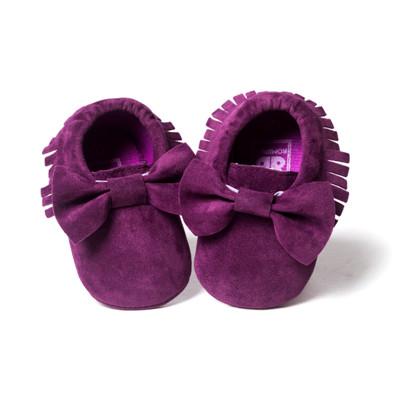 suede purple bow fringe baby moccasins