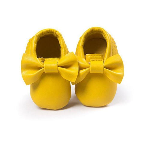 yellow leather bow baby moccasins