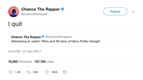 Chance the Rapper tweet saying I quit on a Harry Potter marathon