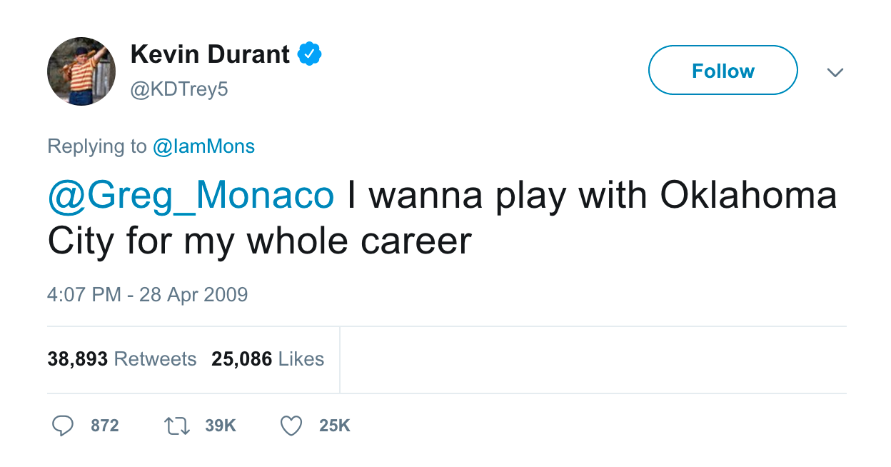 Kevin Durant tweet I wanna play with Oklahoma City for my entire career