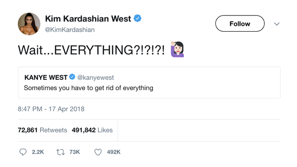Kim Kardashian tweet responding to Kanye West sometimes you have to get rid of everything