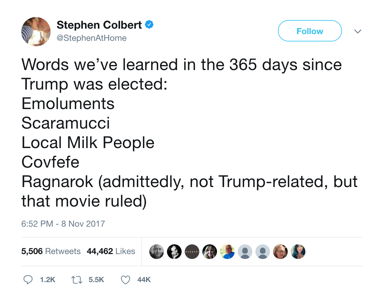 stephen-colbert-words-weve-learned-in-365-days-since-trump-was-elected-emoluments-scaramucci-covfefe-tweet-tee-tweets
