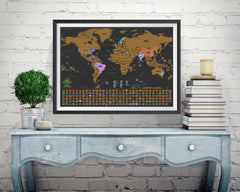 Scratch off world map poster brick wall