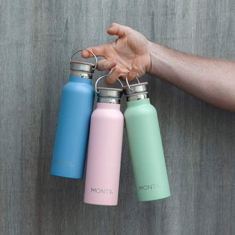 MontiiCo Original Drink Bottles in Blue, Pink & Green as sold by Scarlett Tippy Toes 