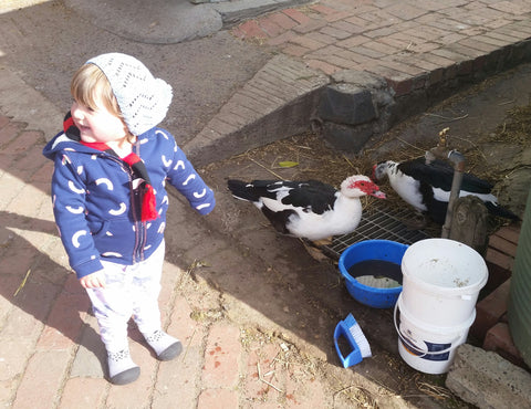 Scarlett feeding ducks in Attipas Grey Cutie